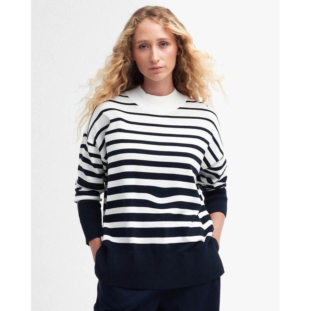 Barbour Marloes Knitted Funnel Neck Jumper in Ecru Stripe Size 6 Classic